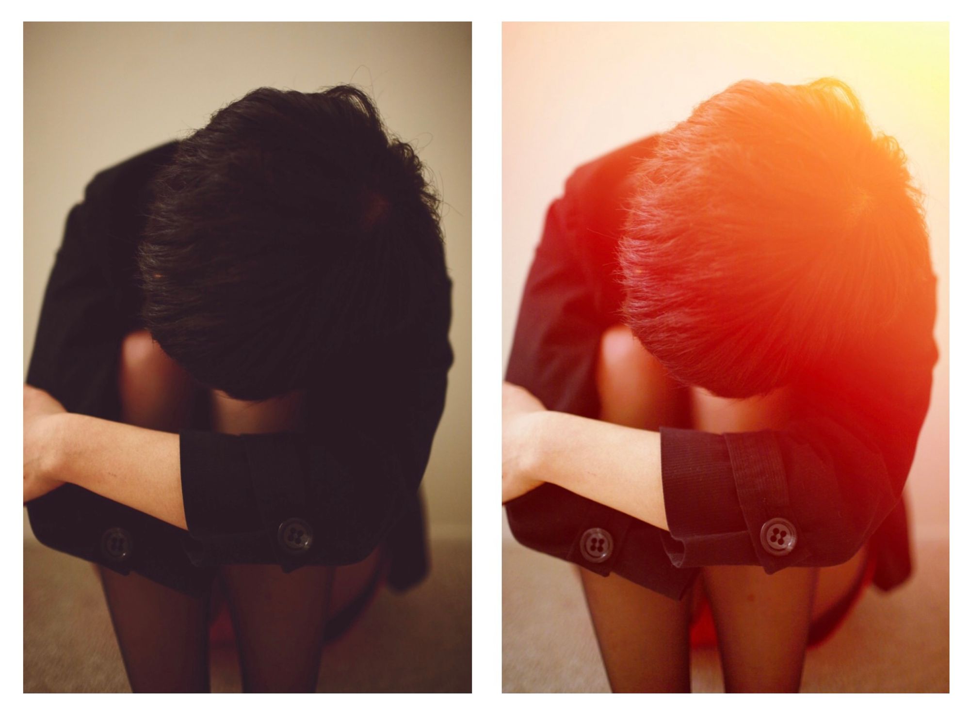 two panels of an identical self-portrait photo of 水仙 sitting on the floor, hugging sx's legs, looking down, face not visible.